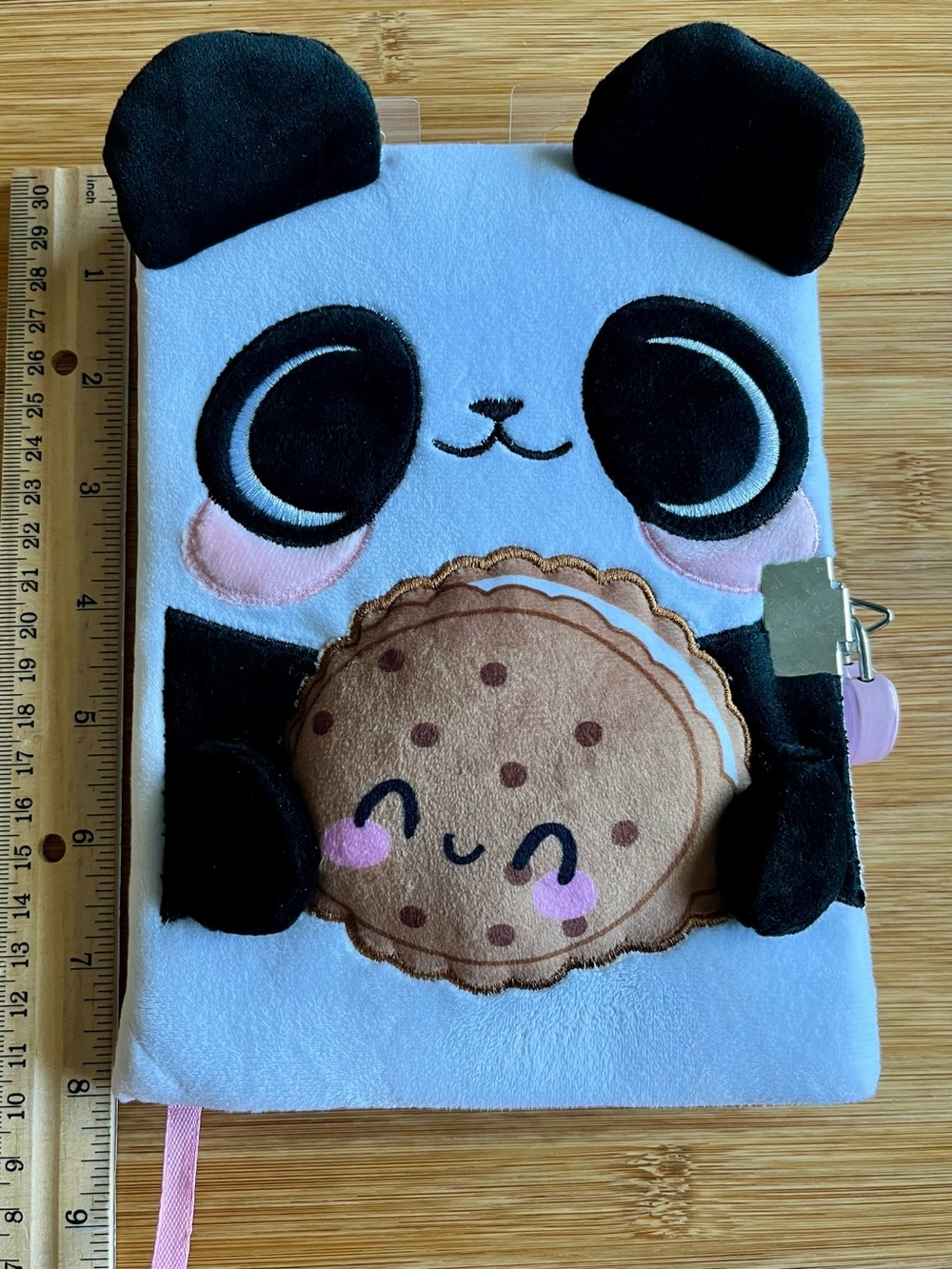 Claires Fuzzy Plush Panda Holding Cookie Diary Journal Notebook w/ Lock & 2 Keys